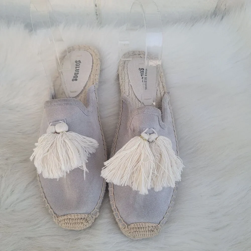 Soludos Tassel Espadrille Mules Womens size 7 Shoes Flats Natural Suede Gray